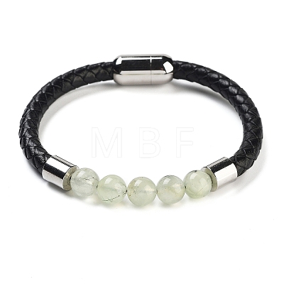 Natural Prehnite Round Round Bead Braided Leather Cord Bracelets for Men Women BJEW-A009-11P-08-1