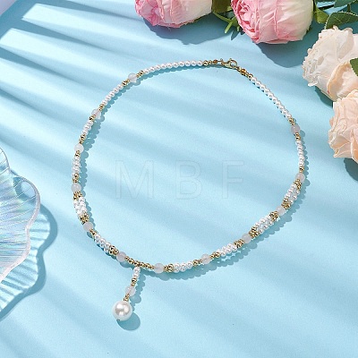 Shell Pearl & Natural Rose Quartz Pendants Necklaces NJEW-JN04903-1