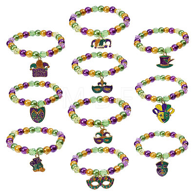 10Pcs Carnival Acrylic & Glass Pearl Bead Bracelets BJEW-CA00004-1