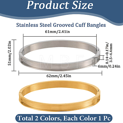 2Pcs 2 Colors 6MM Egg Shaped 201 Stainless Steel Grooved Hinged Bangles STAS-SC0021-30-1