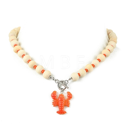 Summer Beach Resin Lobster Pendant Wood Beaded Necklaces with OT Clasps for Women NJEW-JN06109-1