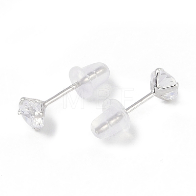 Rhodium Plated Diamond Shape 999 Sterling Silver Cubic Zirconia Stud Earrings for Women EJEW-S215-06P-1