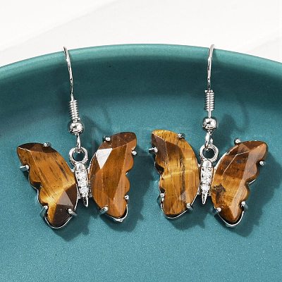 Natural Tiger Eye Brass Dangle Earrings EJEW-M081-01P-03-1