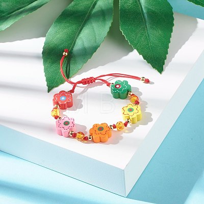 Flower Printed Natural Wood Braided Bead Bracelet for Teen Girl Women BJEW-JB06915-01-1