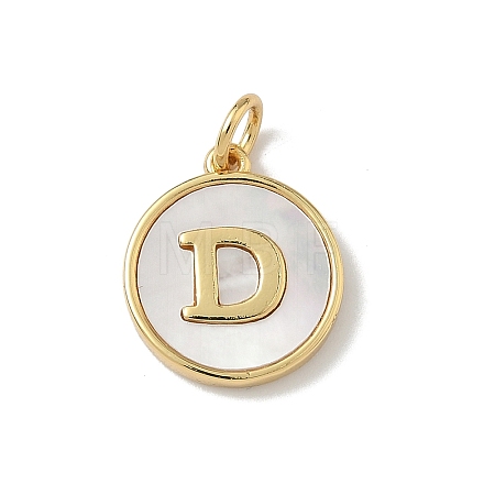 Brass Pave Natural Shell Flat Round with Letter Charms KK-Z115-13G-D-1