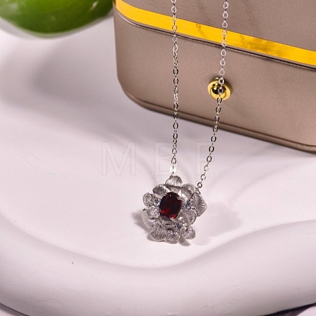 925 Sterling Silver Pave Clear Cubic Zirconia and Natural Garnet Flower Pendant Necklaces for Women FS-WGAB3DC-05-1