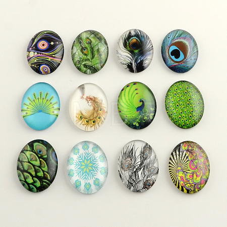 Feather Pattern Glass Flatback Oval Cabochons for DIY Projects X-GGLA-R022-25x18-24-1