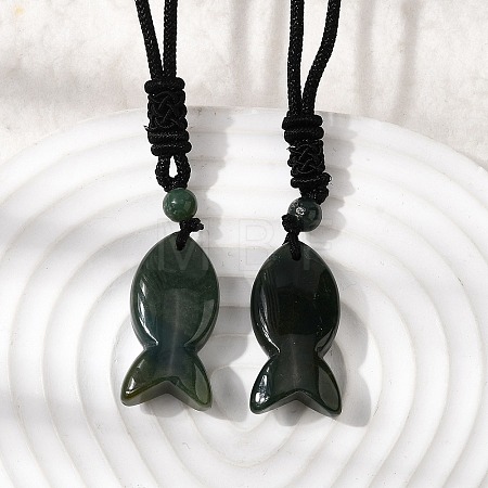 Natural Moss Agate Fish Pendant Black Nylon Cord Necklaces NJEW-G185-01F-1
