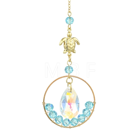 Ocean Theme Glass Round Beads & Teardrop Suncatcher with Brass Charm HJEW-JM04939-02-1