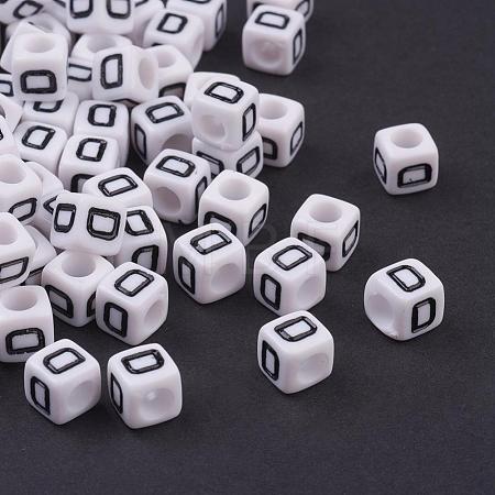 White Letter D Cube Acrylic Beads X-PL37C9308-D-1