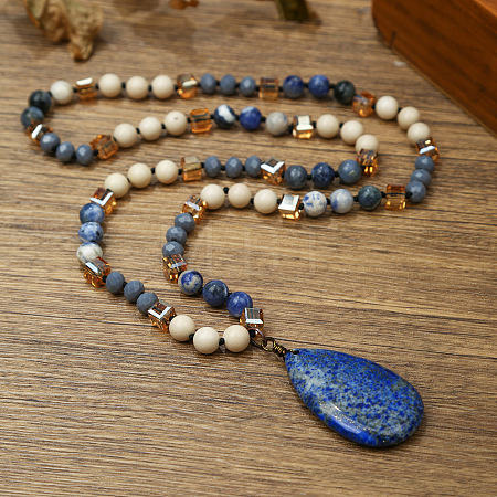 Natural Lapis Lazuli Flat Teardrop Pendant Round Gems and Cube Glass Beaded Long Necklaces for Women FS-WG9FE58-01-1