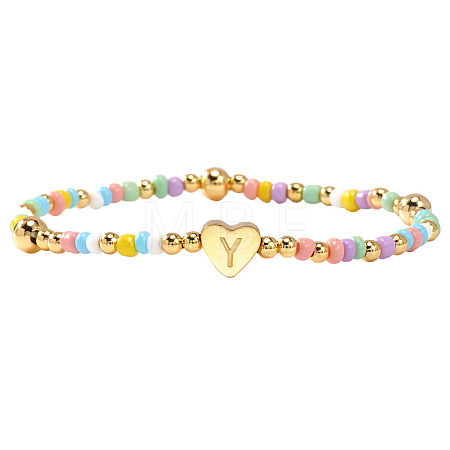Summer Stainless Steel Heart Alphabet Colorful Glass Seed Beaded Stretch Bracelets for Women JV8929-51-1