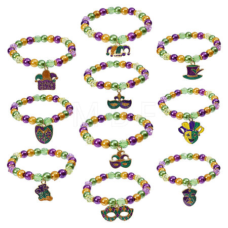 10Pcs Carnival Acrylic & Glass Pearl Bead Bracelets BJEW-CA00004-1
