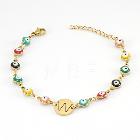 Colorful 304 Stainless Steel & Evil Eye Enamel Flat Round Link Bracelets FS-WGB13F5-23-1