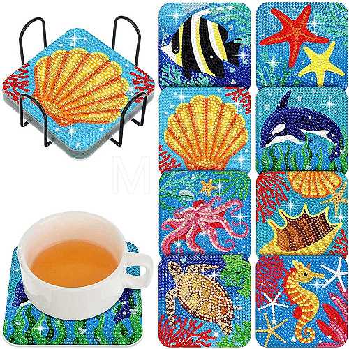 DIY Marine Animal Theme Diamond Painting Square Wood Cup Mat Kits DIY-H163-04-1