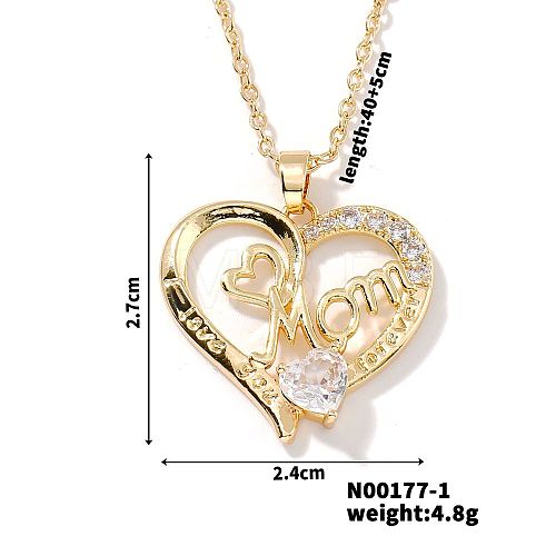 Simple and Elegant Brass Pave Clear Cubic Zircon Mom Heart Pendant Necklaces for Mother's Day TM6595-4-1