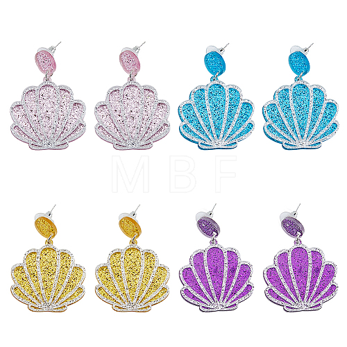 FIBLOOM 4 Pairs 4 Colors Sparkling Resin Shell Shape Dangle Stud Earrings for Women EJEW-FI0001-67-1