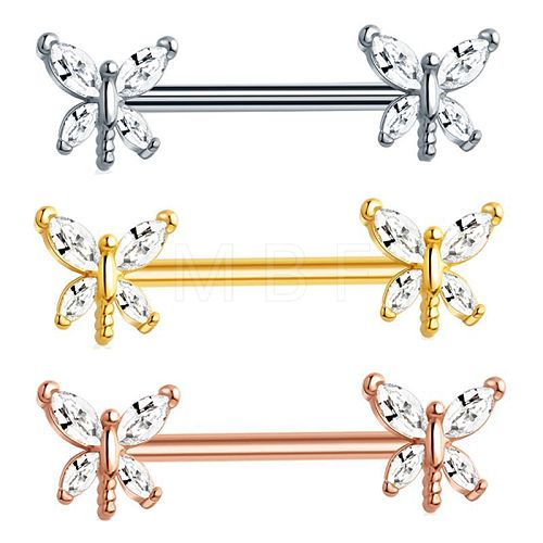 304 Stainless Steel Clear Cubic Zirconia Dragonfly Nipple Bar WG95A02-01-1