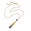 304 Stainless Steel Filigree Natural Amethyst Faceted Pointed Bullet Pendant Brass Cable Chain Necklaces NJEW-JN06568-02-3