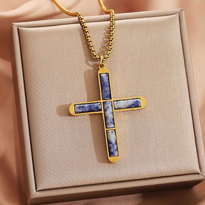 304 Stainless Steel with Natural Sodalite Religion Cross Pendant Necklaces FS-WG3F108-03-1