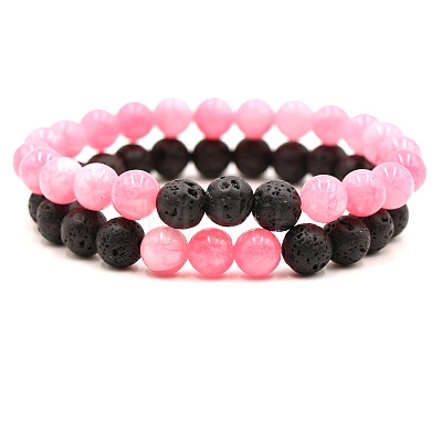 2Pcs 2 Styles Natural Rose Quartz & Lava Rock Round Beaded Stretch Bracelets for Couple FS-WGA2A2E-08-1