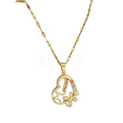 Mother's Day Brass Pave Cubic Zirconia Mama Heart with Butterfly Pendant 304 Stainless Steel Dapped Chain Necklaces for Women WG2F4E4-01-1