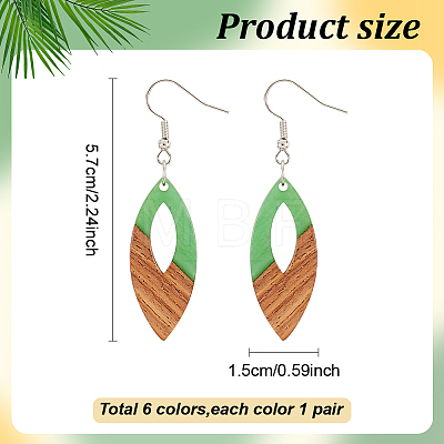 6 Pair 6 Color Resin & Wood Dangle Earrings with Iron Pins EJEW-AB00031-1
