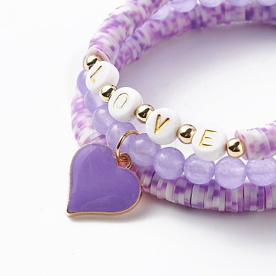 3Pcs 3 Style Natural Dyed Malaysia Jade & Acrylic Word Love Beaded Stretch Bracelets Set with Alloy Enamel Heart Charms BJEW-JB08924-04-1