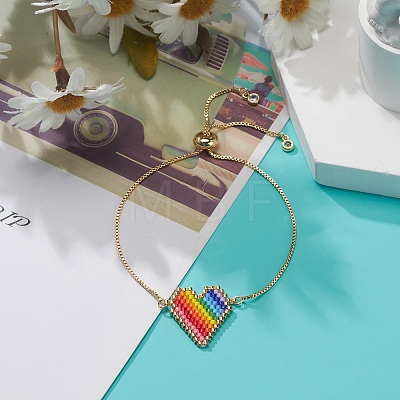 Rainbow Color Japanese Seed Braided Heart Link Slider Bracelet BJEW-MZ00002-1