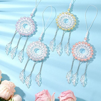 Acrylic Woven Net/Web with Feather Pendant Decorations HJEW-JM02352-1