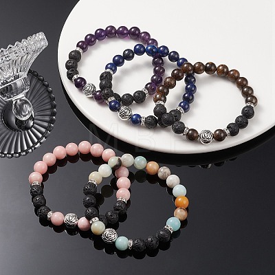 Natural Lava Rock & Mixed Gemstone & Alloy Rose Beaded Stretch Bracelets BJEW-JB09401-1