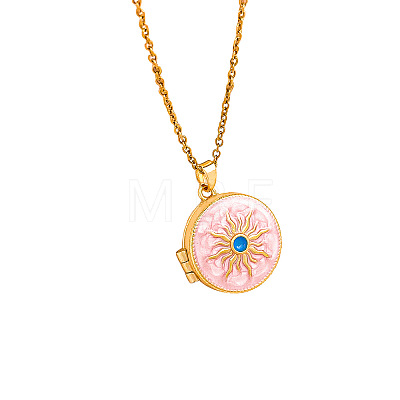 Brass Enamel Flat Round with Sun Photo Locket Pendant Necklaces for Women WG97D23-01-1