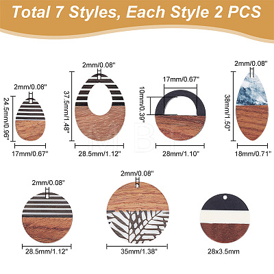   14Pcs 7 Styles Opaque Resin & Walnut Wood Pendants RESI-PH0001-99-1