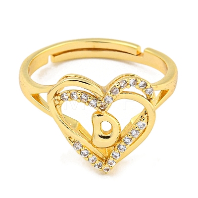 Heart with Letter Rack Plating Brass Micro Pave Clear Cubic Zirconia Adjustable Rings for Women RJEW-I105-01G-D-1