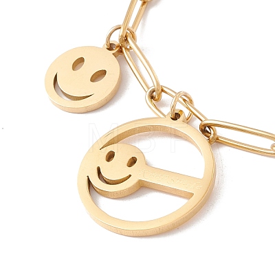 Vacuum Plating Flat Round with Word Keep Smile Charm Necklace with 304 Stainless Steel Paperclip Chains for Women STAS-P304-07G-1