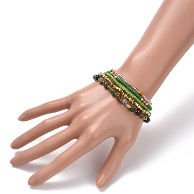 5Pcs 5 Style Natural Indian Agate & Synthetic Hematite & Glass Sead Beads Stretch Bracelets Set BJEW-JB07670-04-1