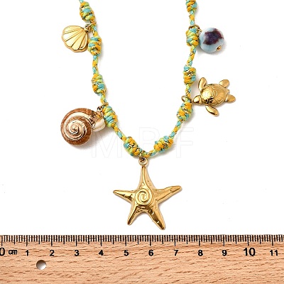 Summer Beach 304 Stainless Steel & Electroplated Natural Shell Pendant Adjustable Polyester Cord Necklaces for Women NJEW-F348-01B-G-1