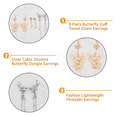 FIBLOOM 8 Pairs 8 Style Crystal Rhinestone & Clear Cubic Zirconia Butterfly Dangle Earrings Set EJEW-FI0001-38-1