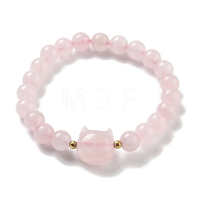 Round & Cat Head Natural Rose Quartz Beaded Stretch Bracelets for Women BJEW-K251-03C-1