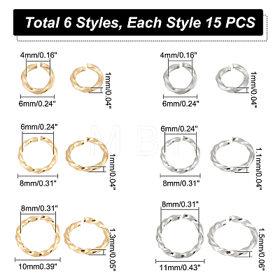 Unicraftale 90Pcs 6 Styles 304 Stainless Steel Jump Rings STAS-UN0038-42-1