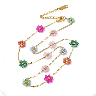 304 Stainless Steel & Glass Colorful Flower Link Chain Necklaces for Women NJEW-K383-05G-1