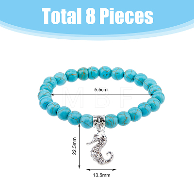 FIBLOOM 8Pcs 8 Style Synthetic Turquoise Round Beaded Stretch Bracelets Set with Alloy Charms BJEW-FI0001-83-1