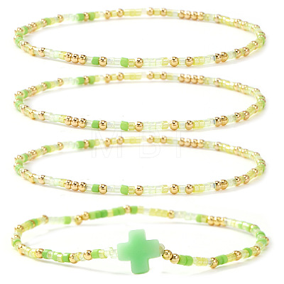 4Pcs Bohemian Summer Cross & Glass Seed Bead Beaded Stretch Bracelet Sets BE5944-1-1