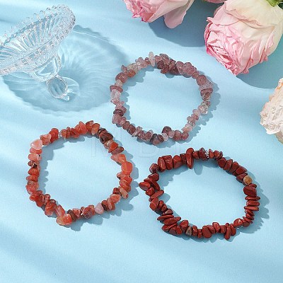 3Pcs Natural Rhodonite & Natural Red Jasper & Natural Strawberry Quartz Chip Beaded Stretch Bracelet Sets BJEW-JB10866-1