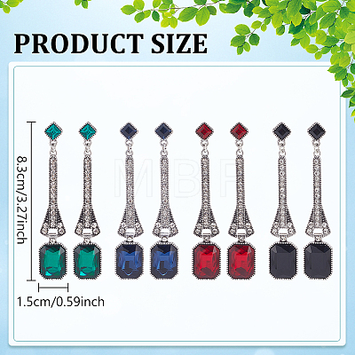 ANATTASOUL 4 Pairs 4 Colors Rhinestone Rectangle Dangle Stud Earrings EJEW-AN0004-18-1
