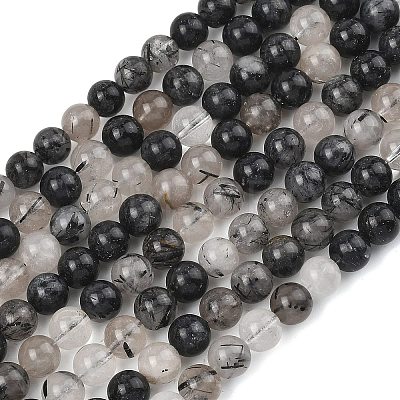 Natural Tourmalinated Quartz/Black Rutilated Quartz Beads Strands G-D361-01A-6-7mm-1