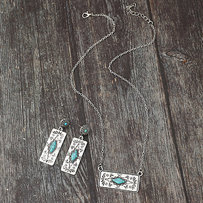 Western Aztec Alloy & Synthetic Turquoise Stud Earrings & Pendant Necklaces Sets FS-WGDC47F-01-1