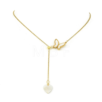 Adjustable 304 Stainless Steel & Natural Shell Butterfly Heart Pendant Cable Chain Lariat Necklaces for Women NJEW-JN06250-1
