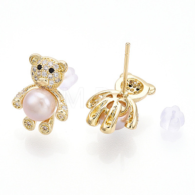 Clear Cubic Zirconia Bear Stud Earrings with Natural Pearl PEAR-N020-05K-1