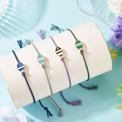 4Pcs 4 Colors Alloy Enamel Fish Charm Adjustable Bracelets BJEW-TA0001-30-1